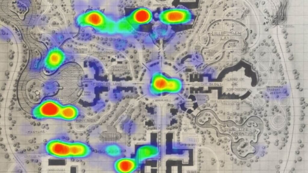 Heat map overlay of the Disneyland park layout