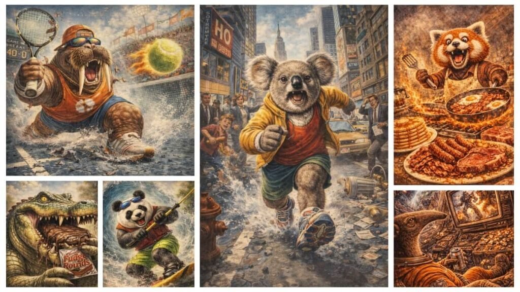 Grid of AI generated cartoon animal illustrations