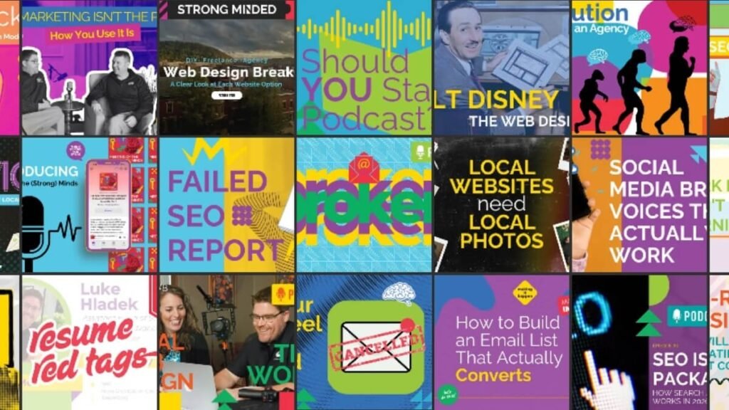 Collage of Strong Minded Agency podcast thumbnails