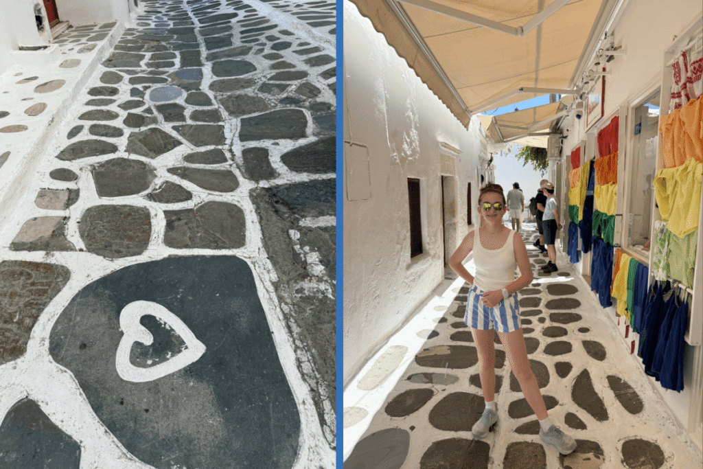 Heart painted on cobblestones and a woman in an art gallery