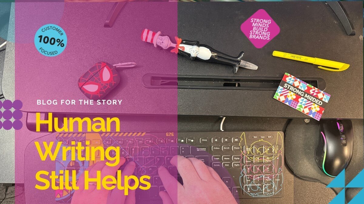 Human Writing Still Helps graphic with notebook and keyboard