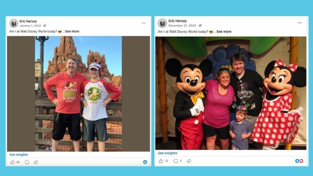 Disney social media posts with a family and Mickey and Minnie Mouse